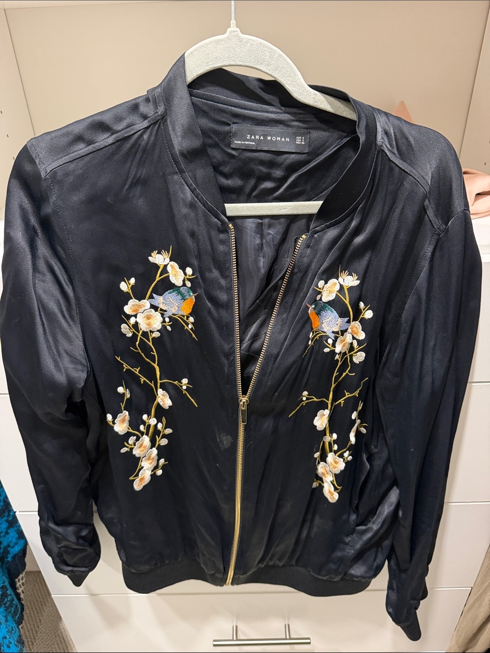 Zara Black Satin Bomber Jacket with Floral & Bird Embroidery
